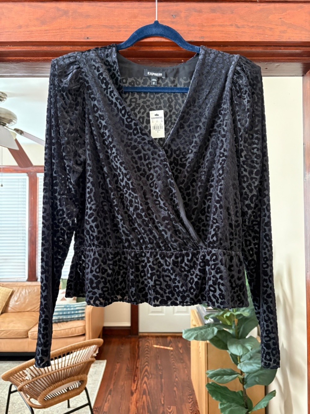 NWT Express Black Leopard Print Wrap Peplum Top Medium